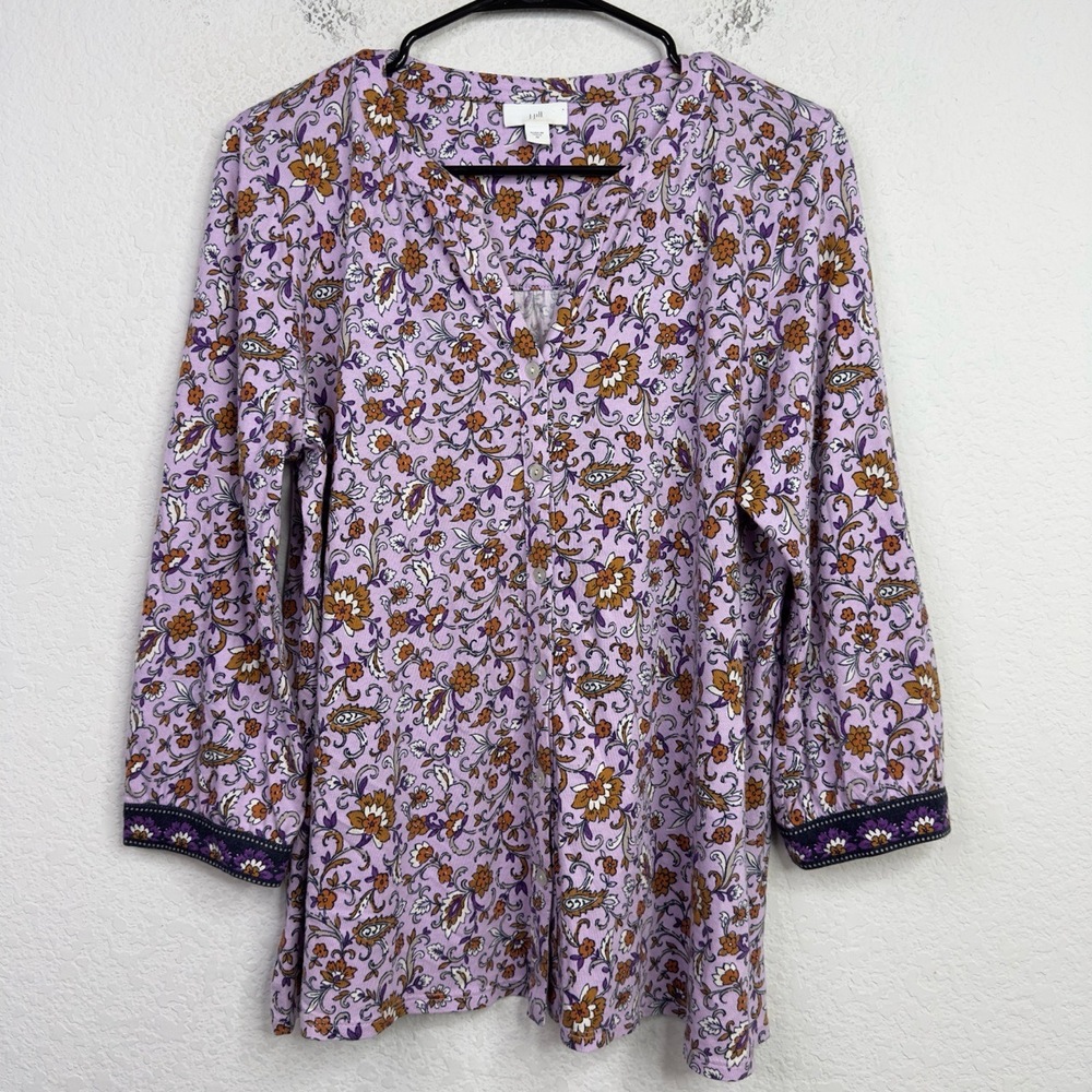 J.Jill Shirt Womens M Purple Floral Long Sleeve Boho Cottagecore Coquette Artsy